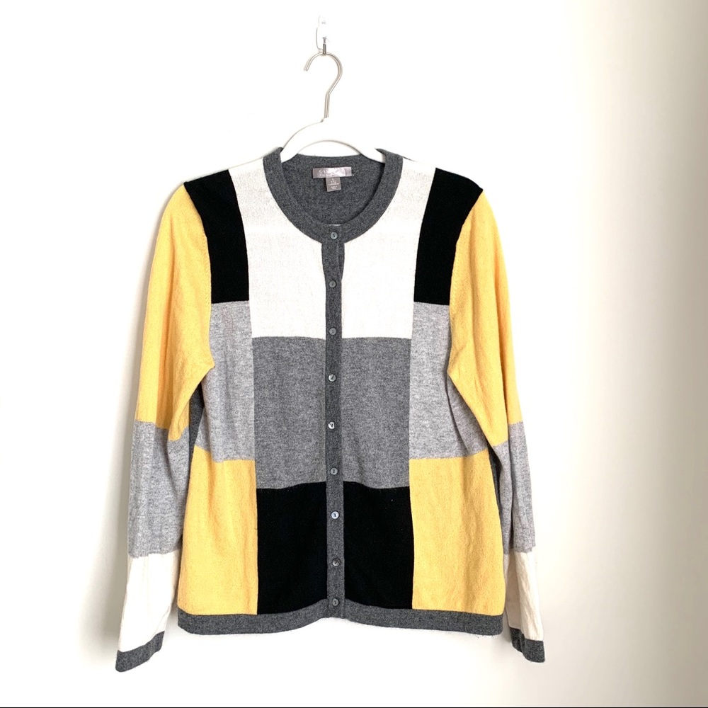 100% Cashmere Color Block Cardigan Sweater Large